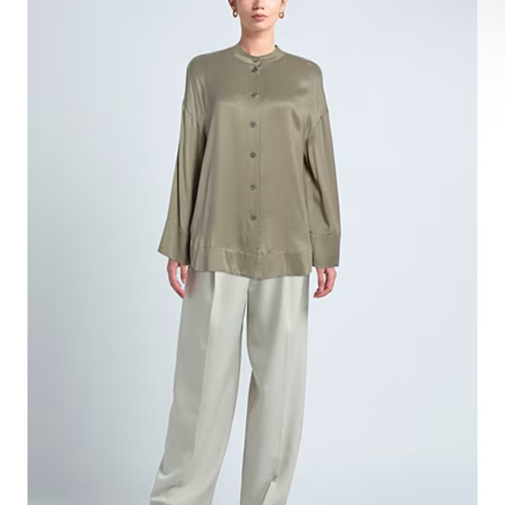 Rodebjer Olive Satin Button Down Shirt - Picture 2 of 7